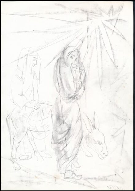 Olvashatatlan (P. Ohy?) jelzéssel: Szent család. Ceruza, papír. Lap tetején apró sérüléssel. 30x21 cm