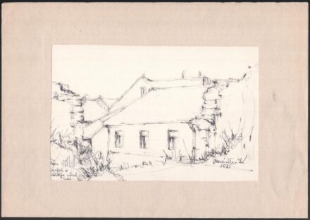 Meiszter Kálmán (1925-2018): Várfal a Züldfa utcánál (Pécs), 1985. Golyóstoll, papír, jelzett, paszpartuban, 13,5×20,5 cm