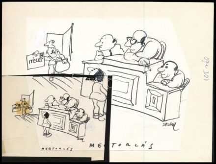 Sajdik Ferenc (1930-): Megtorlás. Tus, papír, jelzett. Az Igazság c. lapban megjelent karikatúra, hátoldalán feliratozott. Mellékelve a karikatúra fóliára készült másolata. 13x16 cm.