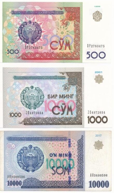 Üzbegisztán 1991. 500S + 2001. 1000S + 2017. 10.000S T:I-III Uzbekistan 1991. 500 S'om + 2001. 1000 S'om + 2017. 10.000 S'om C:UNC-F