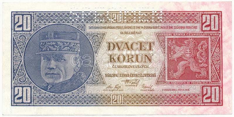 Csehszlovákia 1926. 20K 'Qf 701760' 'SPECIMEN' perforációval T:III szép papír Czechoslovakia 1926. 20 Korun 'Qf 701760' with 'SPECIMEN' perforation C:F nice paper Krause P#21