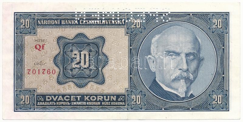 Csehszlovákia 1926. 20K 'Qf 701760' 'SPECIMEN' perforációval T:III szép papír Czechoslovakia 1926. 20 Korun 'Qf 701760' with 'SPECIMEN' perforation C:F nice paper Krause P#21 - Image 2