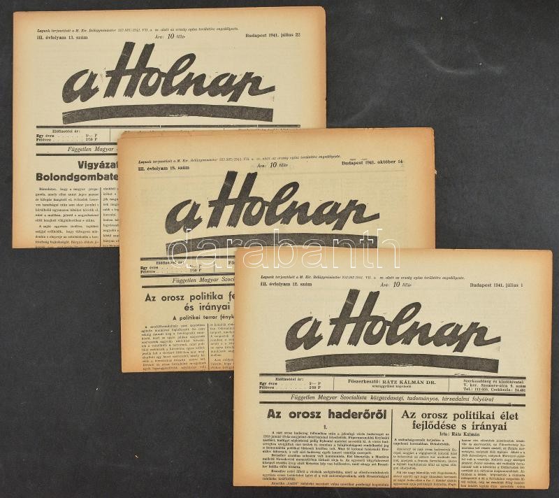 1941 A Holnap c. folyóirat 3 db száma, III. évf. 12., 13., 18. sz., 1941. júl. 1. - okt. 14.