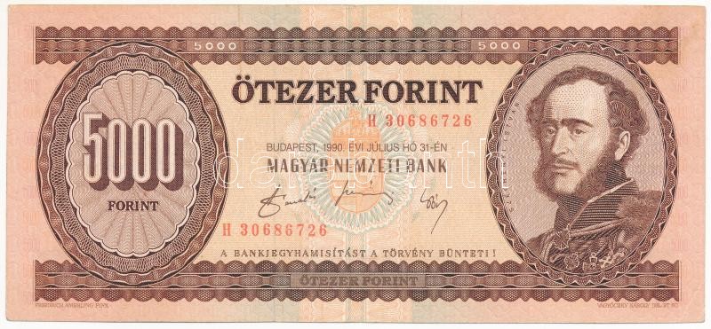 1990. 5000Ft 'H 30686726' T:III Hungary 1990. 5000 Forint 'H 30686726' C:F Adamo F49