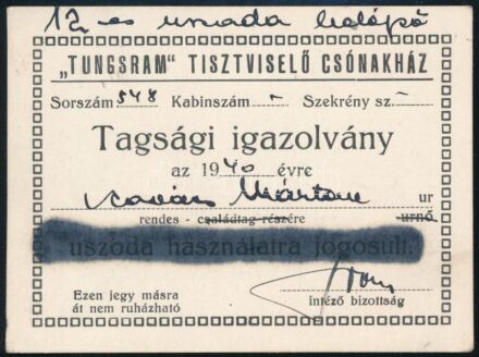 1940 Tungsram csónakház igazolványa