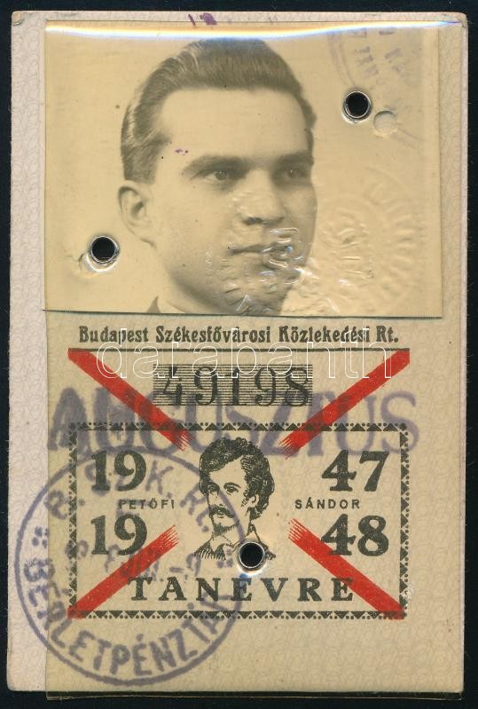 1947-1948 BSZKRT tanulójegy Petőfi-képpel