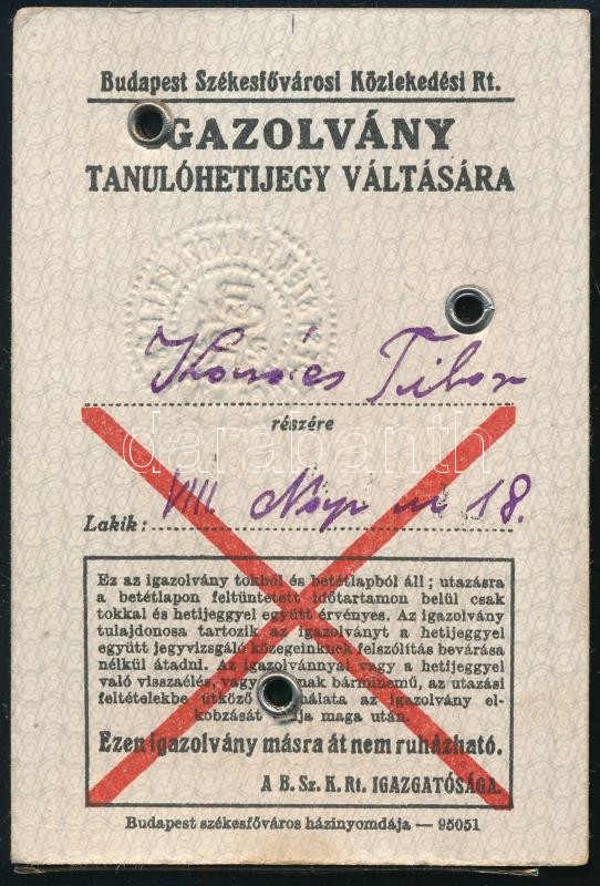 1947-1948 BSZKRT tanulójegy Petőfi-képpel - Image 2