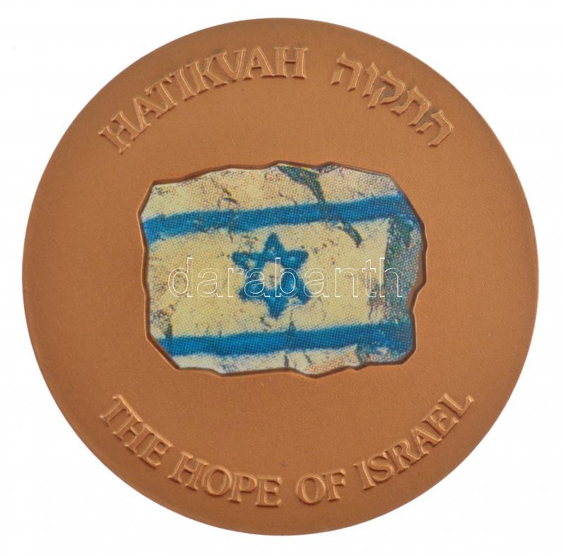 Izrael DN (1998?) 'Izrael reménye' kétoldalas bronz emlékérem, közepén az izraeli zászló nyomtatott képével, peremén '1017' sorszámmal, tokban (59mm) T:1 kis patina, sérült tok Israel ND (1998?) 'The Hope of Israel' two-sided bronze