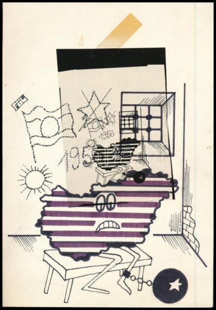 Fülöp György (1923-): 1956 - a megtorlás. Filctoll, papír, jelzett, hátoldalán feliratozott. Az Igazság c. lapban megjelent karikatúra. A laphoz ragasztva a karikatúra fóliára készült másolata.21,5x15 cm.