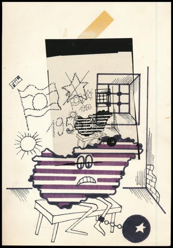 Fülöp György (1923-): 1956 - a megtorlás. Filctoll, papír, jelzett, hátoldalán feliratozott. Az Igazság c. lapban megjelent karikatúra. A laphoz ragasztva a karikatúra fóliára készült másolata.21,5x15 cm.