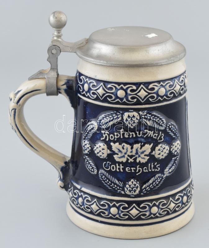 Fajansz sörös kupa, ón fedéllel Pecséttel jelzett 16 cm