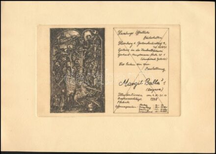 Balla Margit (1947- ): János vitéz és társai (cím nélkül, feltehetően hamburgi kiállítás meghívójának terve). Rézkarc, papír, jelzés nélkül, 30x20 cm. A művész saját kezű, bizalmas (trágár szavakat is tartalmazó)