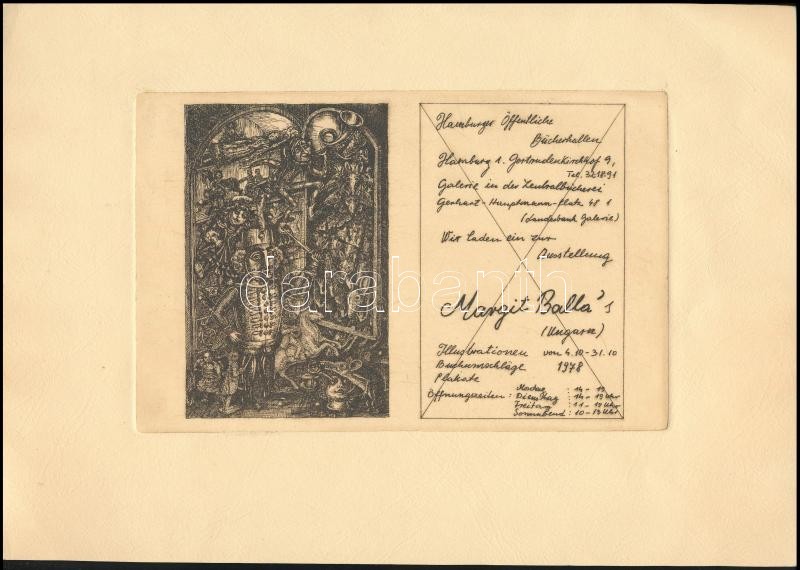 Balla Margit (1947- ): János vitéz és társai (cím nélkül, feltehetően hamburgi kiállítás meghívójának terve). Rézkarc, papír, jelzés nélkül, 30x20 cm. A művész saját kezű, bizalmas (trágár szavakat is tartalmazó)