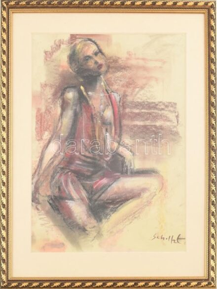 Scholtz Endre (1959-): Bájos hölgy. Pasztell, papír, jelzett, üvegezett fakeretben. 38x28 cm