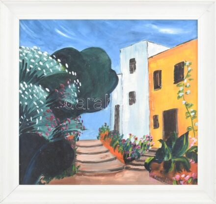 Kovács Ilona (?-): Mediterrán virágzás. Olaj, farost, jelzett, fakeretben. 35x38 cm