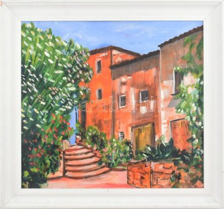 Kovács Ilona (?-): Mediterrán város. Olaj, farost, jelzett, fakeretben. 35x38 cm