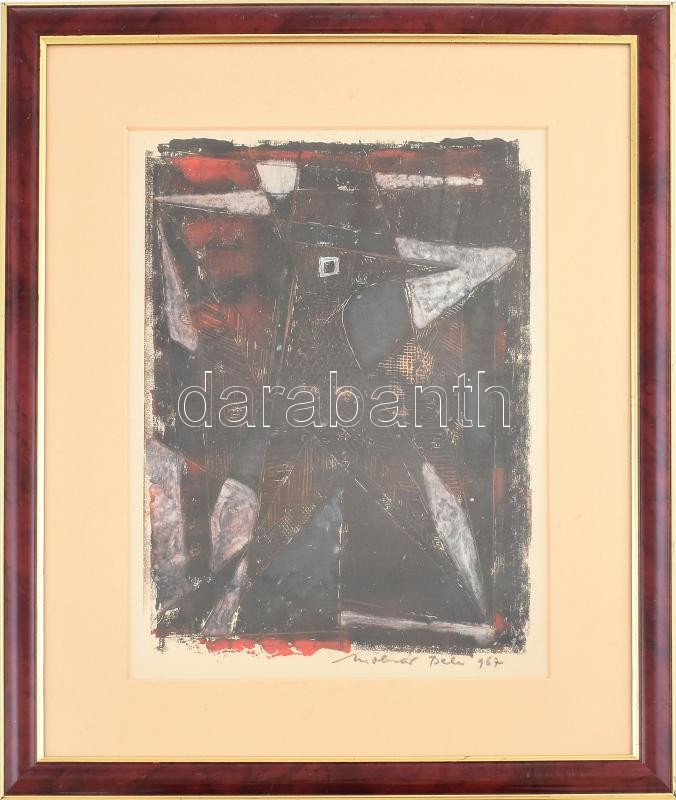 Molnár Béla (?-): Absztrakt formák, 1967. Monotípia, papír jelzett, üvegezett fakeretben. 35x26 cm