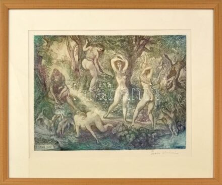 Szabó Vladimír (1905-1991): Fürdés előtt. Színes rézkarc, papír, jelzett, üvegezett fakeretben, 30×40 cm