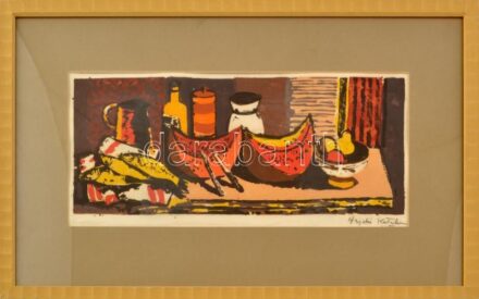 Hajdú Katalin (1932-): Csendélet. Linómetszet, papír, jelzett. Lap alja kissé foltos. Üvegezett fa keretben, 17×40 cm