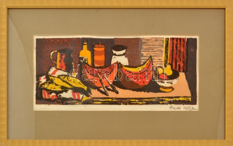 Hajdú Katalin (1932-): Csendélet. Linómetszet, papír, jelzett. Lap alja kissé foltos. Üvegezett fa keretben, 17×40 cm