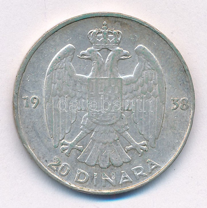 Jugoszlávia 1938. 20D Ag 'II. Péter' T:2,2- ph. Yugoslavia 1938. 20 Dinara Ag 'Petar II' C:VF edge error Krause KM#23 - Image 2
