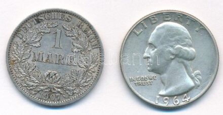 Vegyes: Német Birodalom 1907A 1M Ag + Amerikai Egyesült Államok 1964. 1/4$ Ag 'Washington' T:1-,2 kis patina Mixed: USA 1964. 1/4 Dollar Ag 'Washington' + German Empire 1907A 1 Mark Ag C:AU,XF small patina Krause KM#14, KM#164
