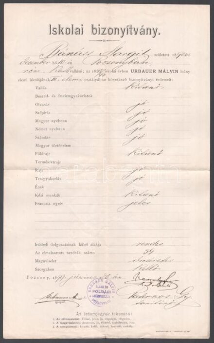 1896-1901 7 db pozsonyi iskolai bizonyítvány