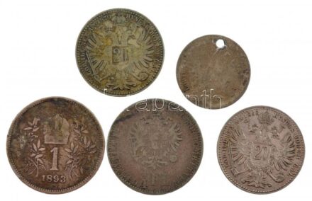 Ausztria 1859-1893. 5db klf ezüstpénz, közte 1859A 1/4Fl Ag 'Ferenc József' + 1868. 20kr Ag 'Ferenc József' T:2-,3 közte ly. Austria 1859-1893. 5xdiff silver coins, with 1859A 1/4 Florin 'Franz Joseph' + 1868. 20 Kreuzer Ag 'Franz Joseph'