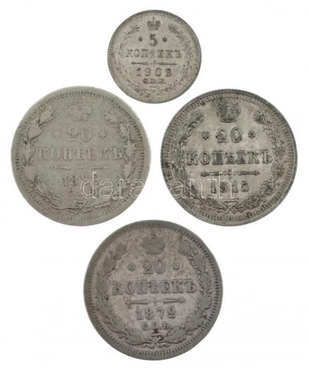 Orosz Birodalom 1872-1915. 5k Ag - 20k Ag (4xklf) T:2-3 patina Russian Empire 1872-1915. 5 Kopeks Ag - 20 Kopeks Ag (4xdiff) C:XF-F patina