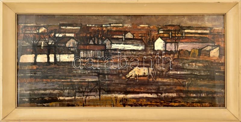 Bencze László (1907-1992): Tanya. Olaj, farost, jelezve balra lent. Hátoldalán Képcsarnok Vállalat címkéjével. Üvegezett fakeretben, 30×65 cm