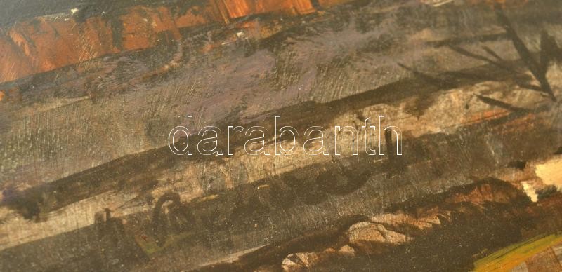 Bencze László (1907-1992): Tanya. Olaj, farost, jelezve balra lent. Hátoldalán Képcsarnok Vállalat címkéjével. Üvegezett fakeretben, 30×65 cm - Image 2