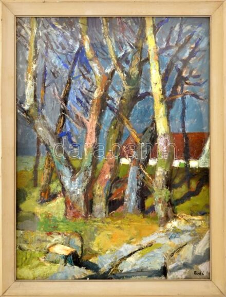 Bod László (1920-2001): Fák. Olaj, farost, jelezve jobbra lent. Hátoldalán Képcsarnok Vállalat címkéjével. Üvegezett fakeretben, 80×60 cm
