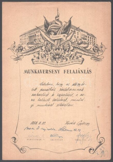 1953 Szocreál grafikus munkaverseny felajánlási oklevél