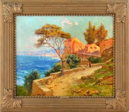 Carlo Brancaccio (1861-1920): Nápoly környéki táj. Olaj, vászon, jelezve balra lent. Dekoratív, régi fakeretben. 46x55 cm. / Carlo Brancaccio (1861-1920), Italian painter: Landscape around Naples, Italy. Oil on canvas, signed lower right.