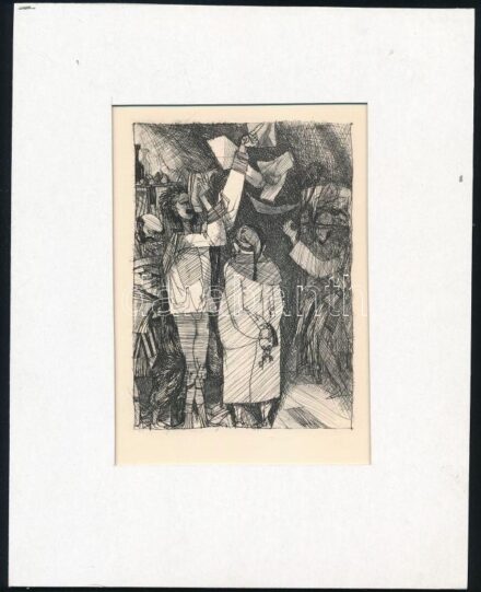 Kondor Béla (1931-1972): Megbeszélés. Rézkarc, papír, jelzés nélkül, paszpartuban, 11×8 cm