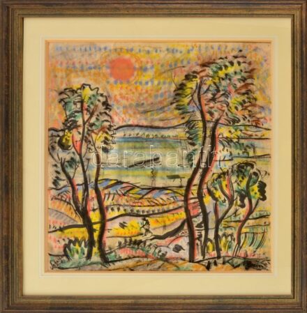 Scheiber jelzéssel: Tüzes nap. Vegyes technika, papír. Dekoratív, üvegezett fakeretben. 46x41 cm.