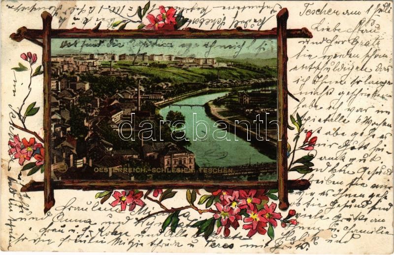 1903 Cieszyn, Teschen; general view, bridge. Art Nouveau, floral, litho (fl)