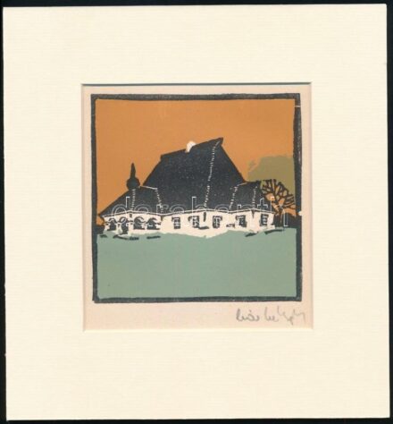 Kós Károly (1883-1977): Kúria. Linómetszet, papír, utólagos jelzéssel, paszpartuban, 11×11 cm