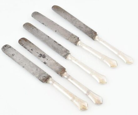 5 db Berndorf alpakka kés, jelzettek, kopásnyomokkal, rozsdafoltokkal, h: 22 cm