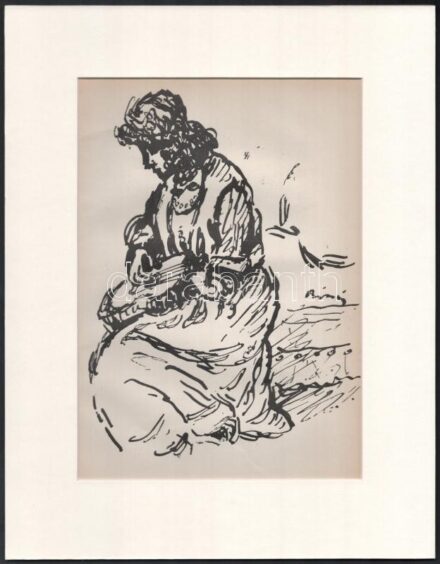 Rippl-Rónai József (1861-1927): Nő lanttal. Cinkográfia, papír, jelzett a cinkográfián, paszpartuban, 23×16 cm