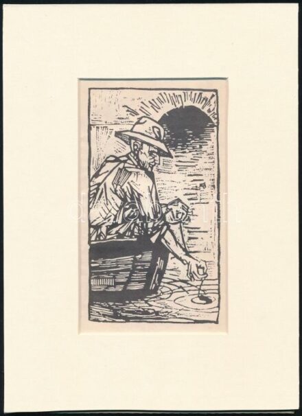 Kondor Béla (1931-1972): Horgász. Fametszet, papír, paszpartuban 13×7 cm