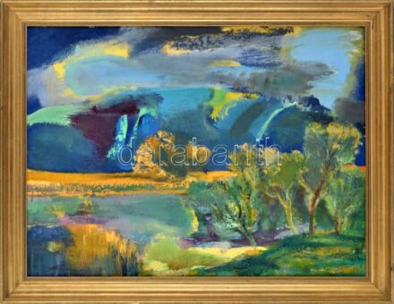 Nagy B. István (1933-2006): Táj. Olaj, vászon, jelezve jobbra lent. Hátoldalán autográf felirattal és Képcsarnok Vállalat címkéjével. Dekoratív fakeretben. 60x80 cm