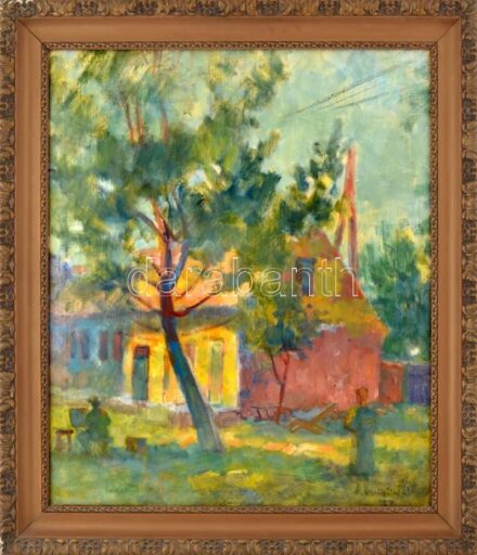 Miháltz Pál (1899-1988): Tavasszal (festő a szabadban), 1957. Olaj, vászon. Jelezve jobbra lent. Hátoldalán autográf felirattal és Képzőművészeti Alap bíráló bizottságának címkéjével. Dekoratív, kissé sérült fakeretben.