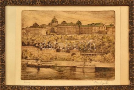 Olvashatatlan jelzéssel: Királyi vár (Budapest). Színezett rézkarc, papír. Dekoratív, kissé sérült üvegezett fakeretben. 15x20 cm