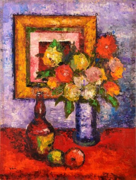 Vén jelzéssel: Csendélet. Olaj, farost. 80x60 cm