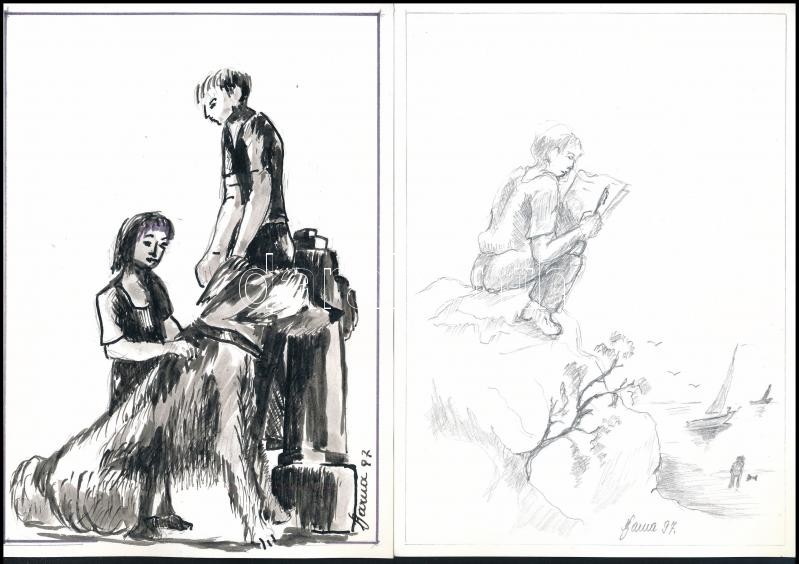 Barna András (?-): 11 db rajz (magyar füge, szabolcsi alma), 1994-97. Tus, ceruza, papír v. karton, mind jelzett. Hátoldalán a művész bélyegzőjével. 21×15 cm körüli méretekben. + A művész autográf levele amelyben felajánlja - Image 2