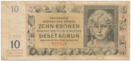 Német Harmadik Birodalom / Cseh-Morva Protektorátus 1942. 10K T:III- German Third Empire / Protectorate of Bohemia and Moravia 1942. 10 Korun C:VG Krause P#8