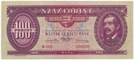 1947. 100Ft 'B 000 000000' sorszámmal modern másolat , vízjeles papíron, 'COPY' jelzéssel T:I