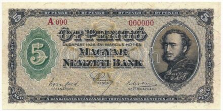 1926. 5P 'A 000 000000' sorszámmal, modern másolat 'COPY' jelzéssel T:I