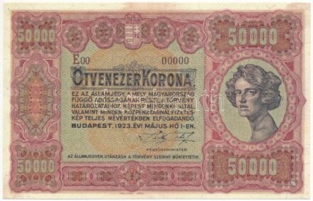 1923. 50.000K 'E00 00000' modern másolat 'COPY' jelzéssel T:I